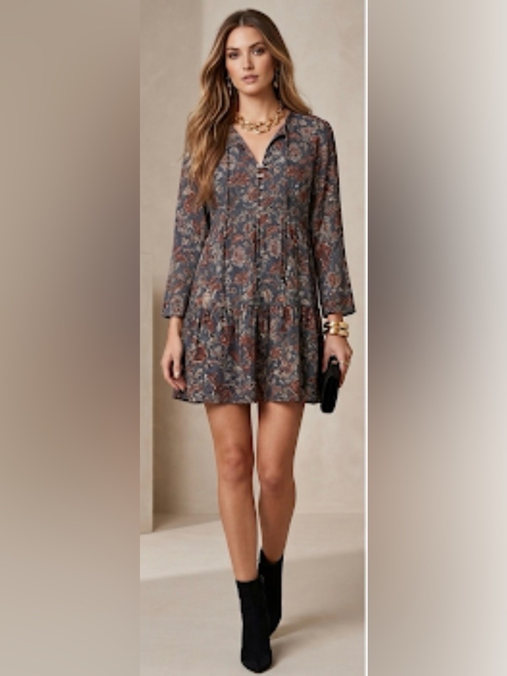 CHAN LUU NWT Paisley Floral Lace Trim Mini Dress Navy Boho Ruffle Size L
